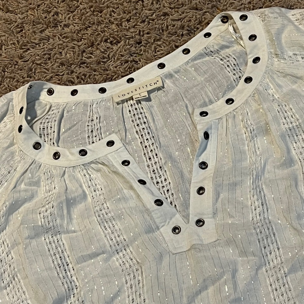 Lovestitch White Silver Metallic Striped Grommet Split Neck Blouse Top Large